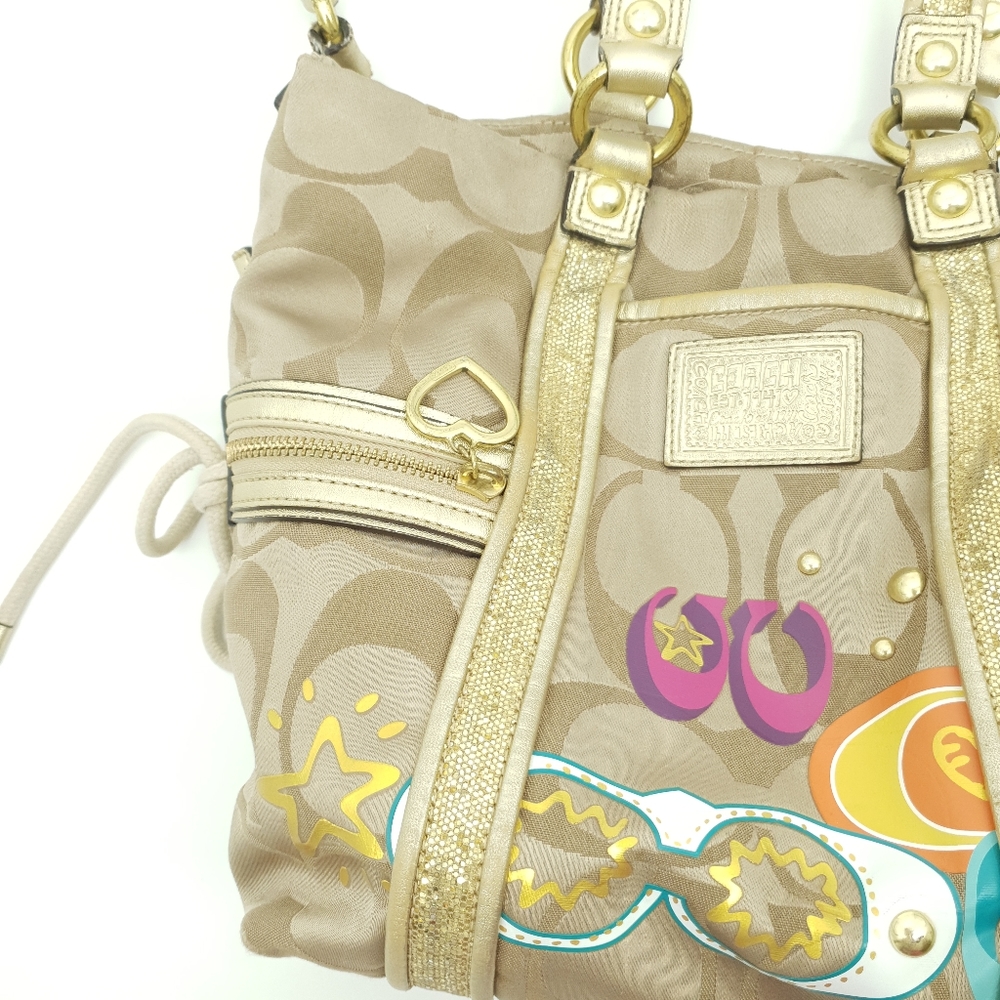 Coach Poppy Applique Purse Shoulder Bag Gold Sparkly Colorful Hearts Pink Inside - Picture 4 of 12